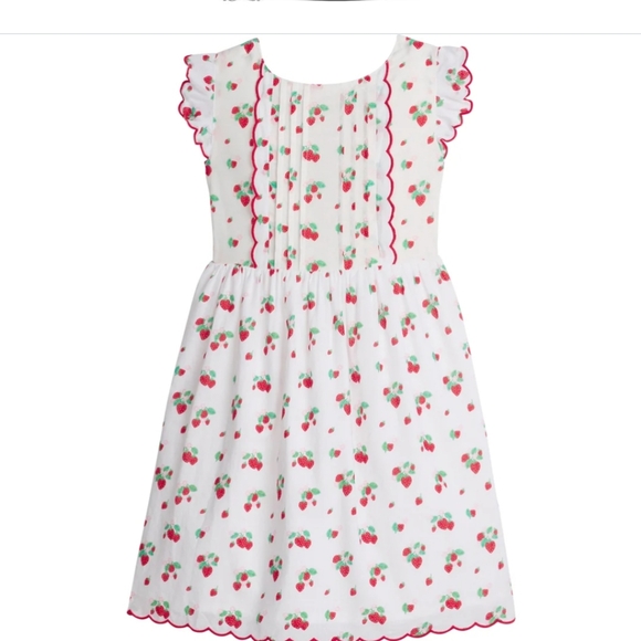 Little English White Dress with Cherry Print and Red Trim Mila Strawberry 5 - Picture 1 of 5